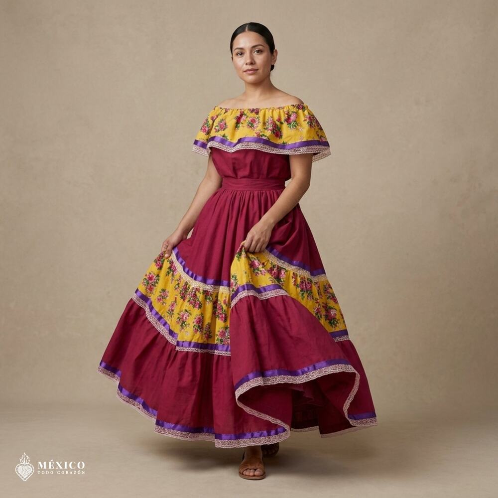 Fuchsia Traditional Mexican Two-Piece Dress – Floral Off-Shoulder Folklore